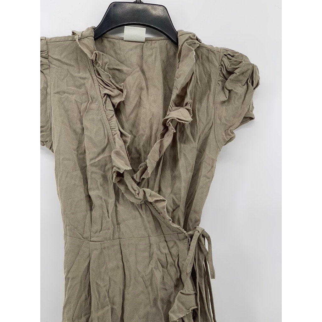 SUNDAY BEST Women's Light Brown Wrap Short Sleeve Ruffle Dress SZ 2XS
