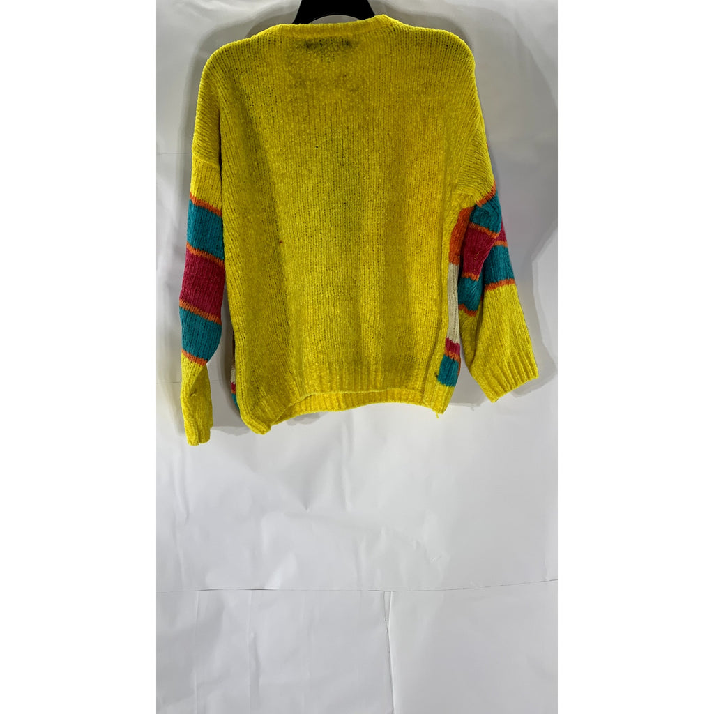 FANTASTIC FASHION Women's Yellow-Multicolor Faux Pearl Cactus Knit Sweater SZ S