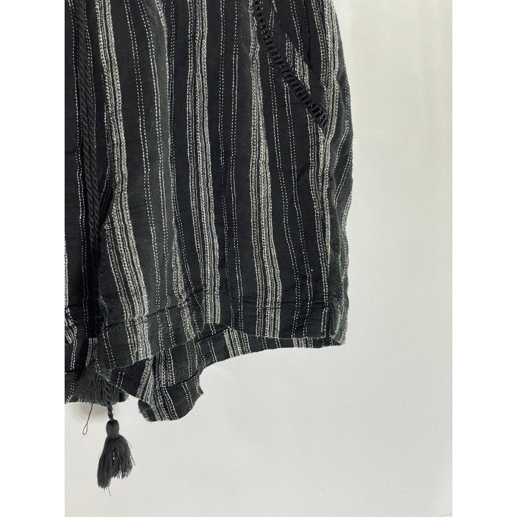 BRIGGS Women's Black-Gray Striped Elastic-Waist Linen Blend Shorts SZ L
