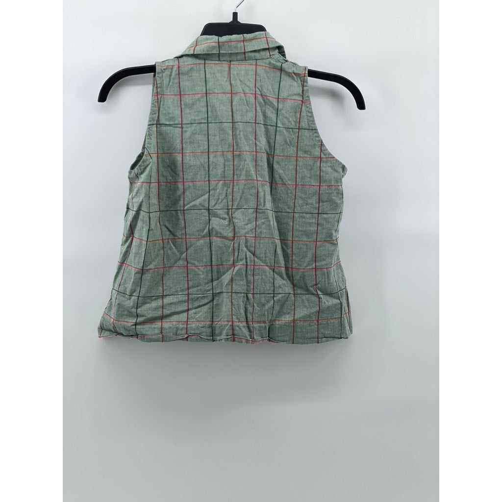 UNBRANDED Women's Green Windowpane Collared Button-Up Sleeveless Cropped Top SZS