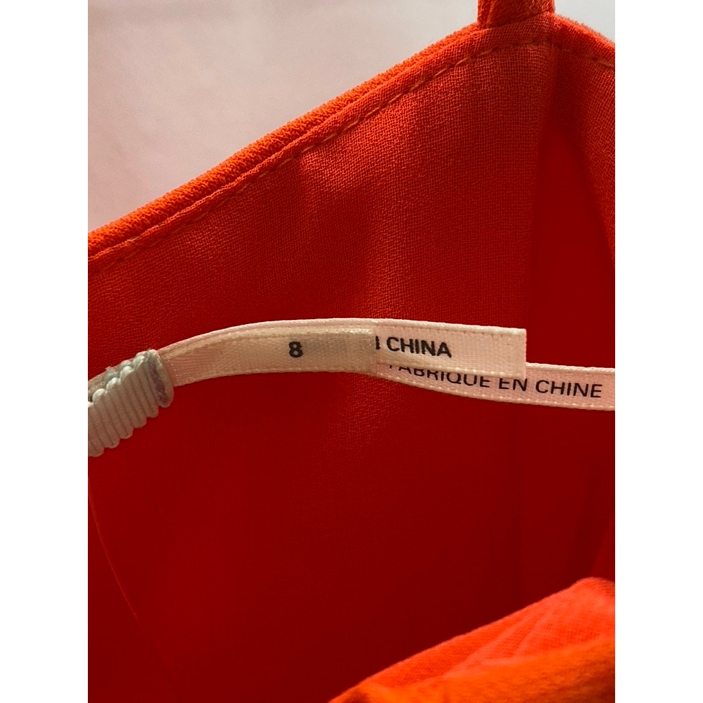 KIMCHI BLUE Women's Red-Orange Solid Ruffle Y-Neck A-Line Mini Dress SZ 8