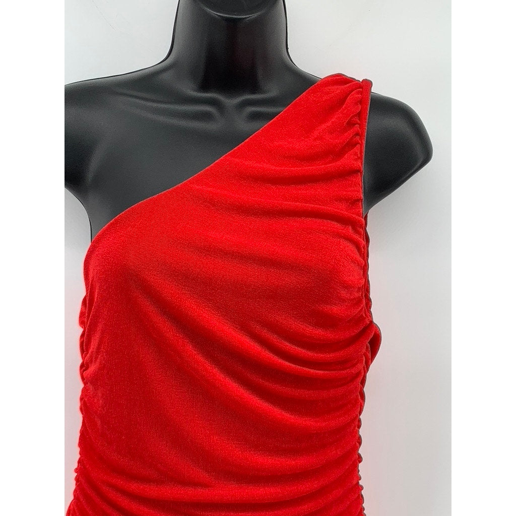 UNBRANDED Women's Red Side Ruched One-Shoulder Sleeveless Bodycon Dress SZ M