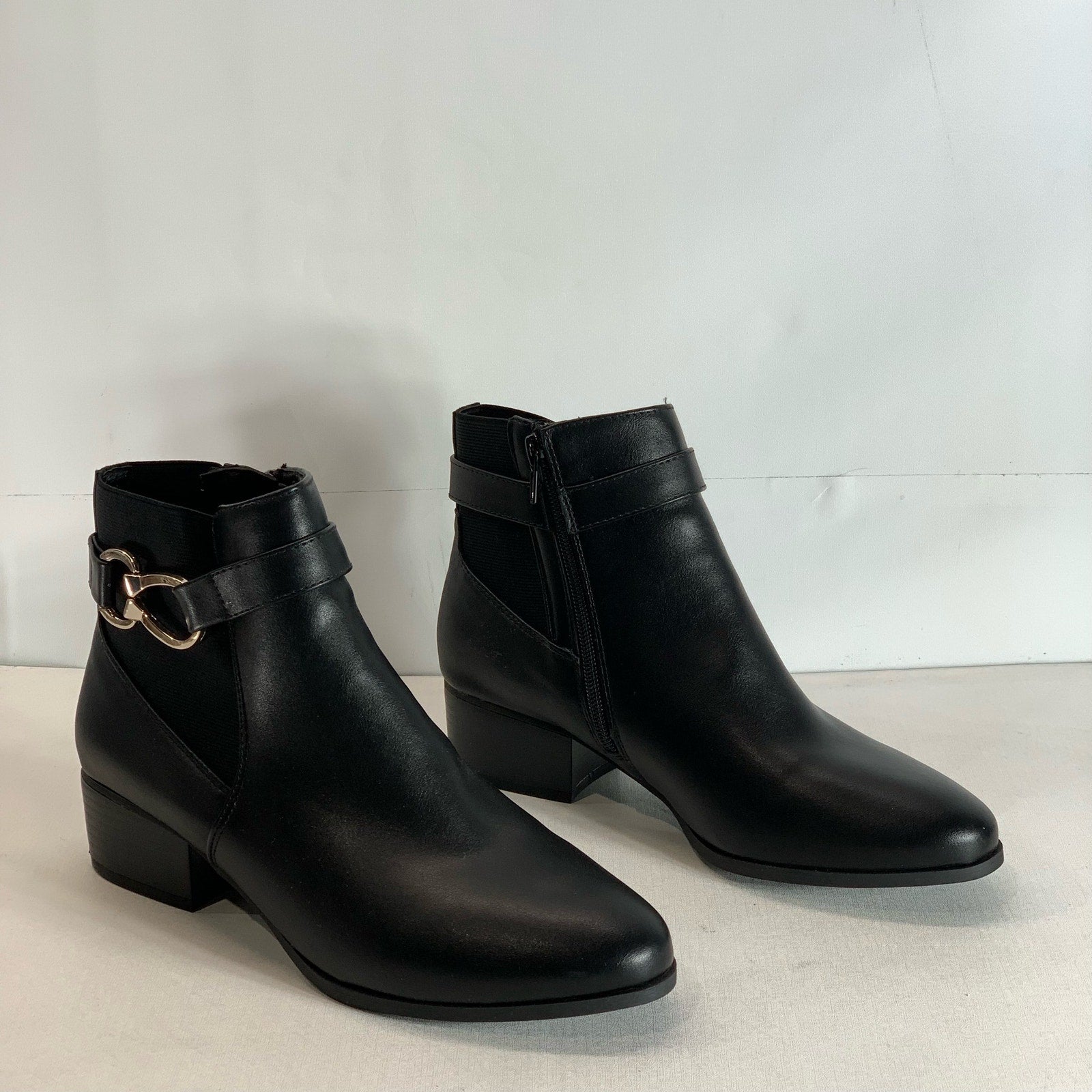 KAREN SCOTT Women's Black Faux-Leather Nadine Almond-Toe Block-Heel Bootie SZ7.5