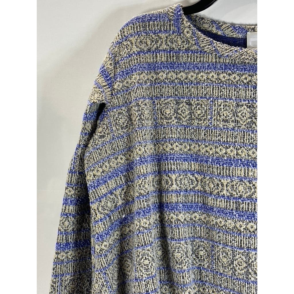 MEG SHOP Women's Metallic Gold/Blue Long Sleeve Pinched Hem Striped Blouse SZ L