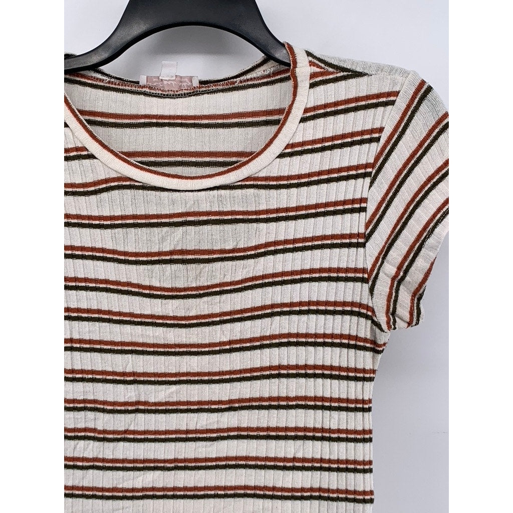 DON'T ASK WHY Women's White-Red Striped Crewneck Short Sleeve Top SZ OS