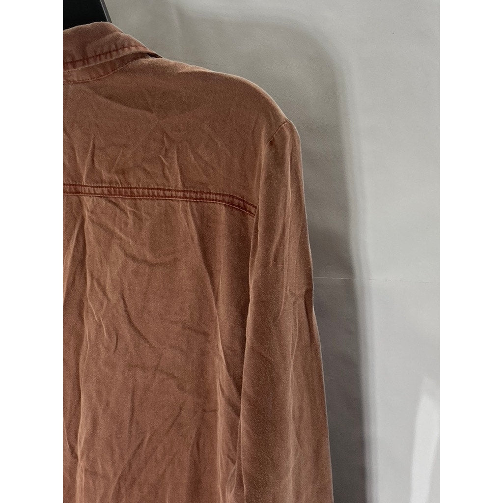 UNBRANDED Women's Burnt Orange Roll-Tab Long Sleeve Relaxed-Fit Henley Dress SZS