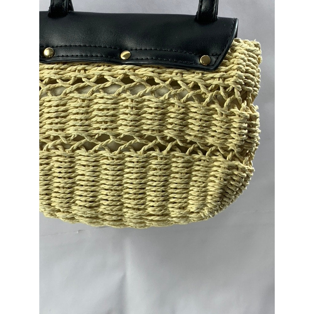 A NEW DAY Women's Black-Tan Straw Flap Snap Button Shoulder Cross-Body Bag