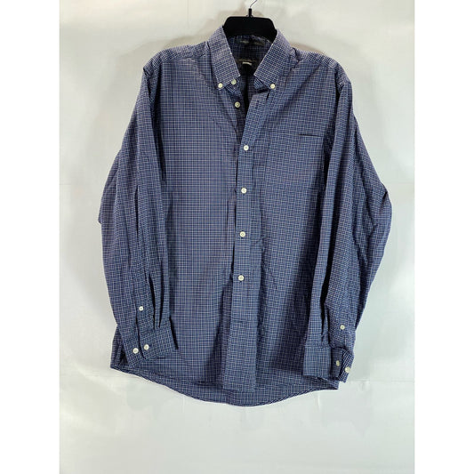 EDDIE BAUER Men's Blue Mini Check Wrinkle Free Relaxed-Fit Button-Up Shirt SZ M