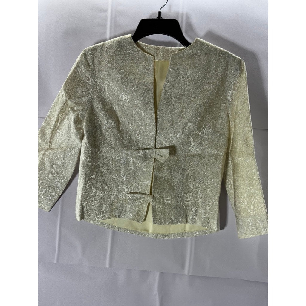 VINTAGE Women's Cream Paisley Print Bow-Closure Jacket SZ S
