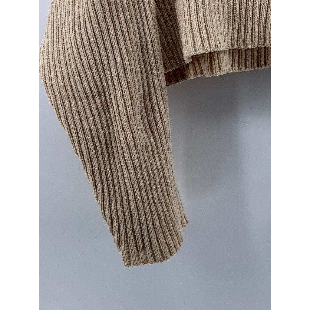 PULL&BEAR PACIFIC REPUBLIC Women's Tan Rib V-Neck Long Sleeve Cropped Top SZ XS