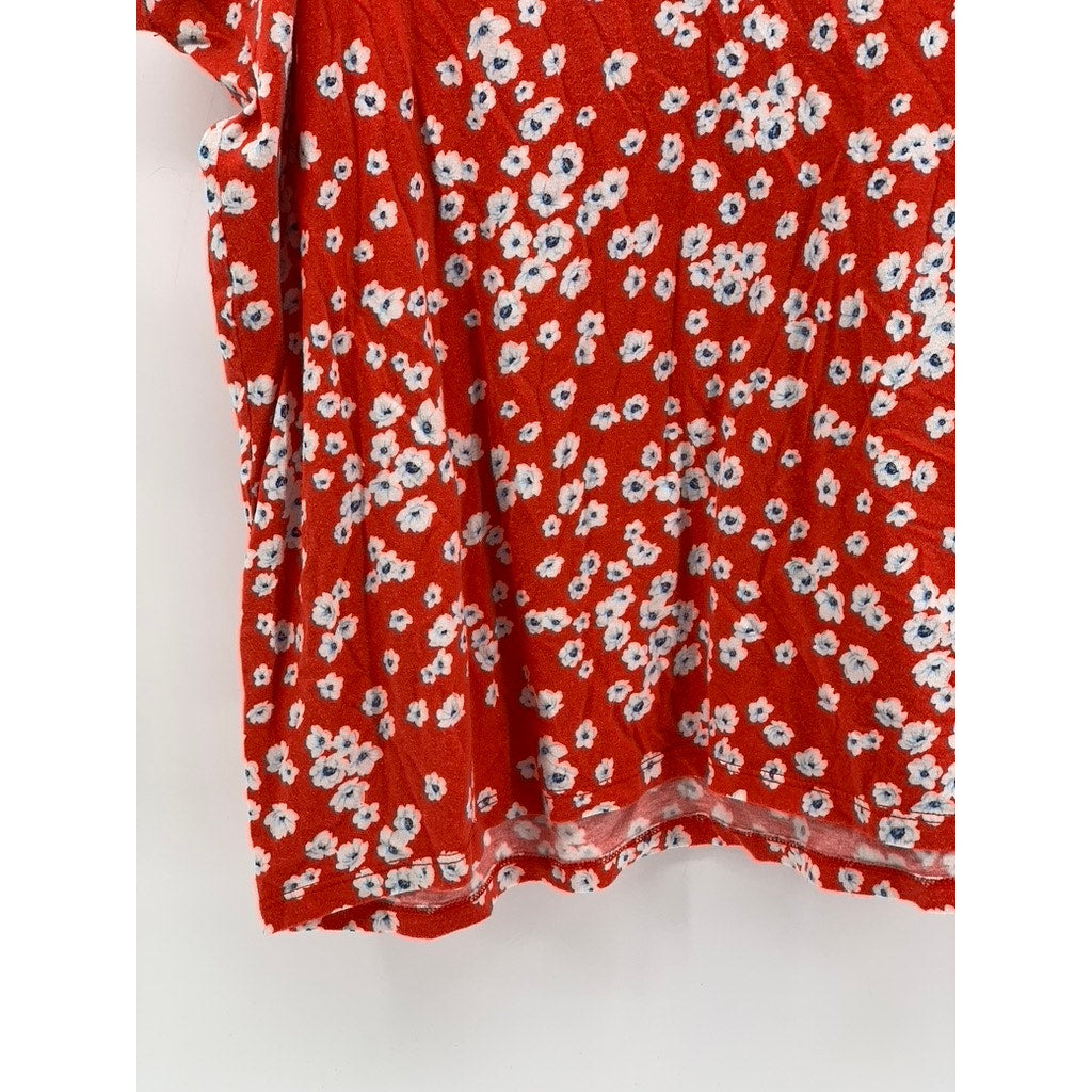 BANANA REPUBLIC Women's Red-White Cotton-Blend Floral Flutter Sleeve Top XZ XL