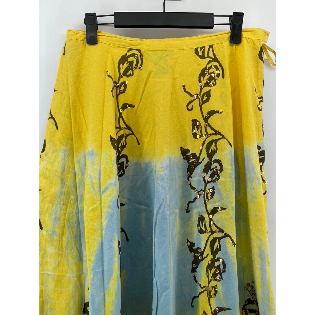 GLAMOR ANGEL Women's Yellow-Black Floral Sequin Embellished Midi Skirt SZ M