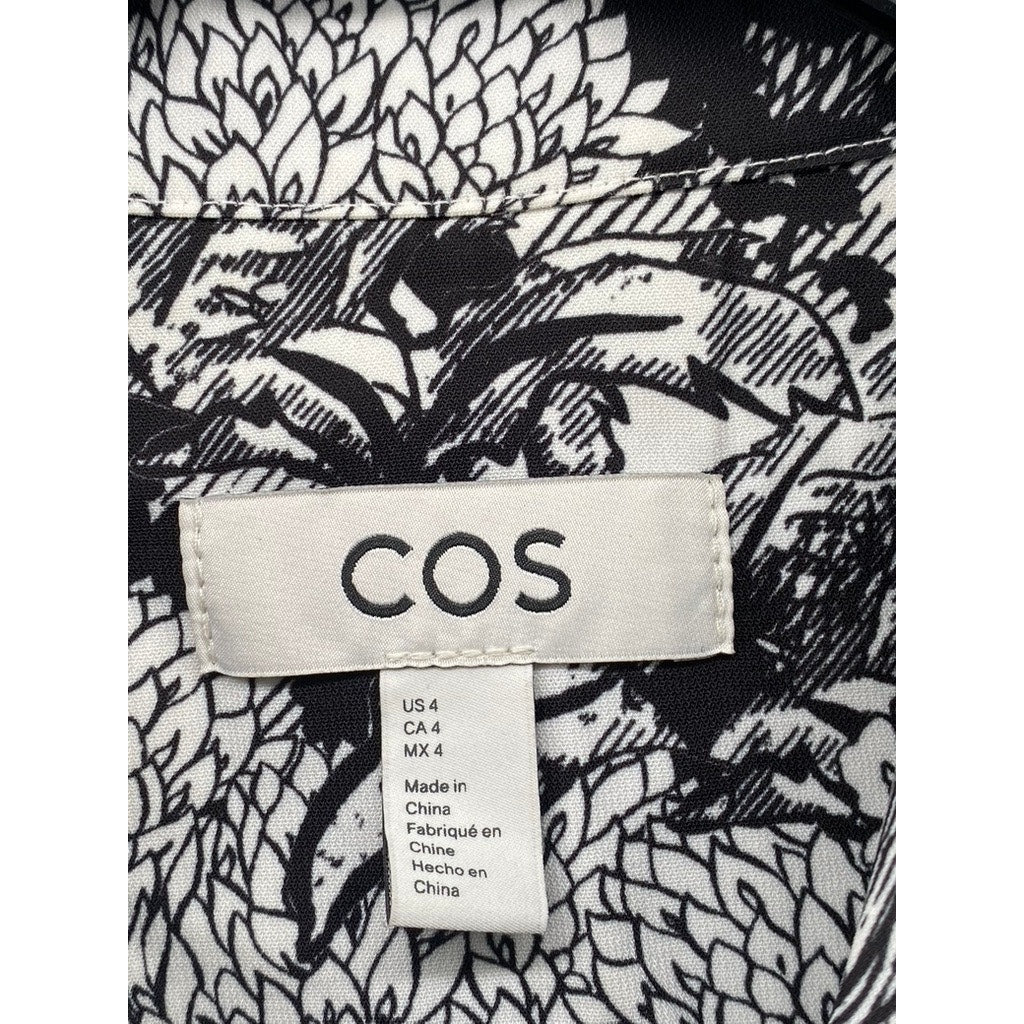 COS Women's Black-White Printed Pleated Long Sleeve A-line Midi Dress SZ 4