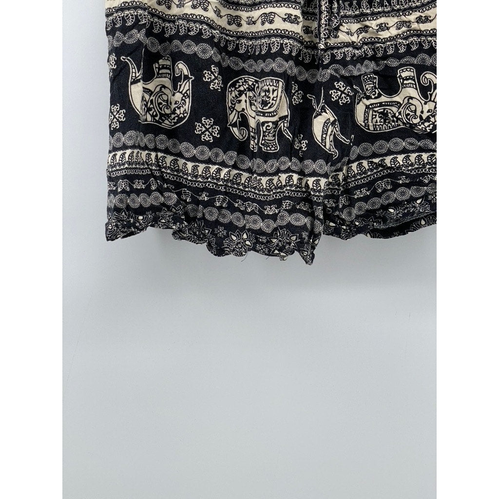 UNBRANDED Women’s Black-Beige Printed Drawstring Relaxed-Fit Shorts SZ S