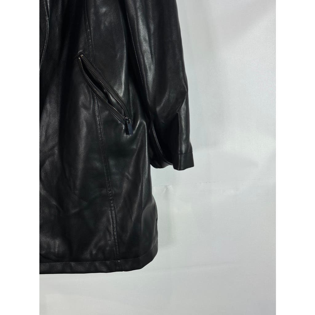 BAGATELLE Women's Black Faux Leather Grunge Chic Open Front Trench Coat SZ S