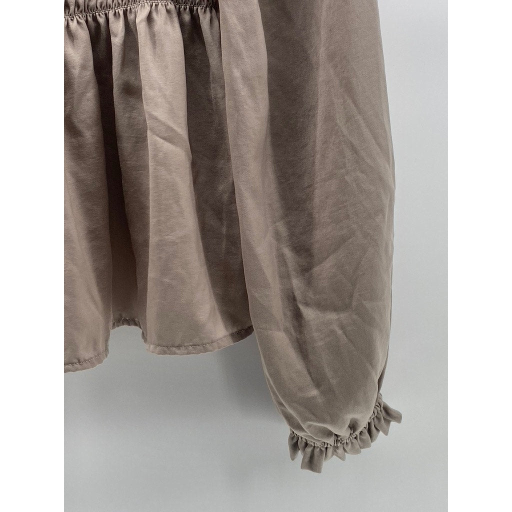 GAP Women's Quail Beige Smocked Straight-Neck Long Sleeve Peplum Top SZ XS
