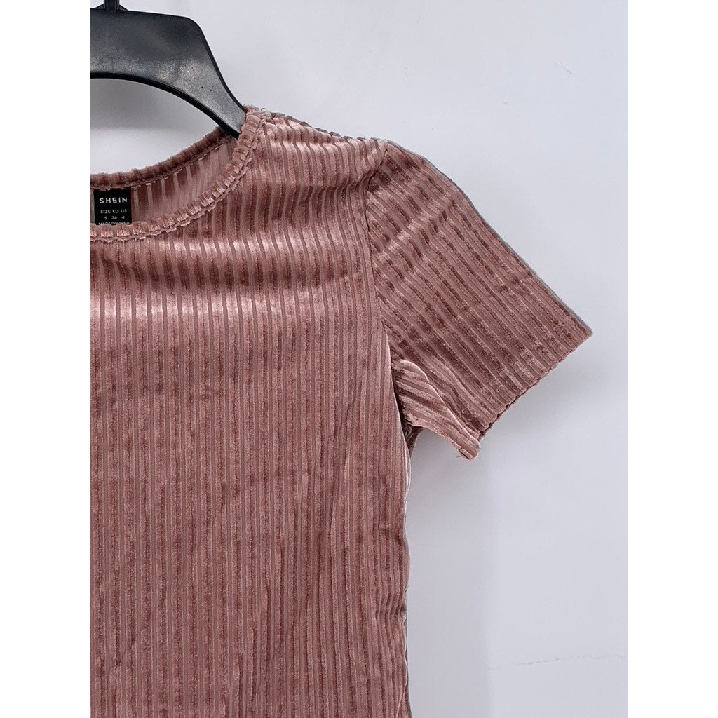 SHEIN Women's Pink Rib Velvet Crewneck Short Sleeve Top SZ 4