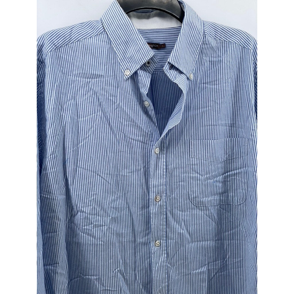 J.MCLAUGHIN Men's Blue-White Micro Stripe Button-Up Regular-Fit Shirt SZ L