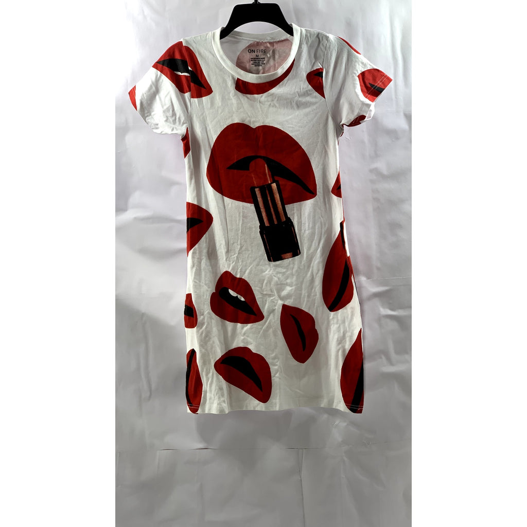 ON FIRE Women's White-Red Lips Crewneck Short Sleeve Mini T-Shirt Dress SZ M