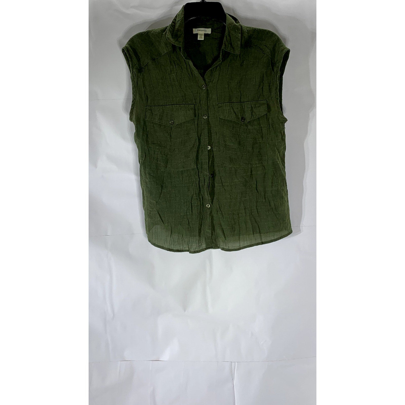 TAMARA H. Women's Olive Green Button-Up Sleeveless Sheer Top SZ S