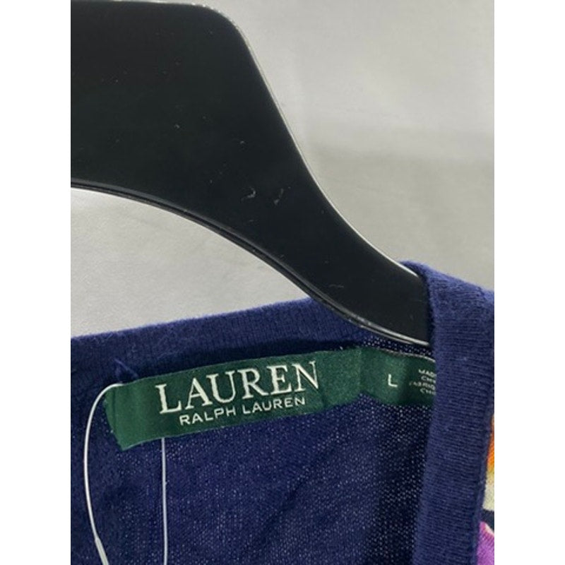 LAUREN RALPH LAUREN Women's Navy Silk Floral Crewneck Sleeveless Keyhole Top SZL