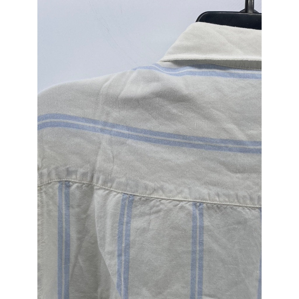 ZARA Men's White-Blue Striped Linen-Blend Button-Up Long Sleeve Top SZ M