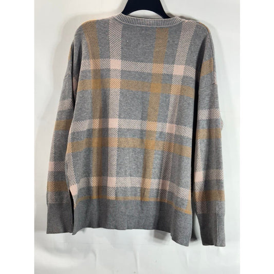 LAUNDRY By SHELLI SEGAL Women's Grey Multi Plaid Crewneck Side Slit Sweater SZ L