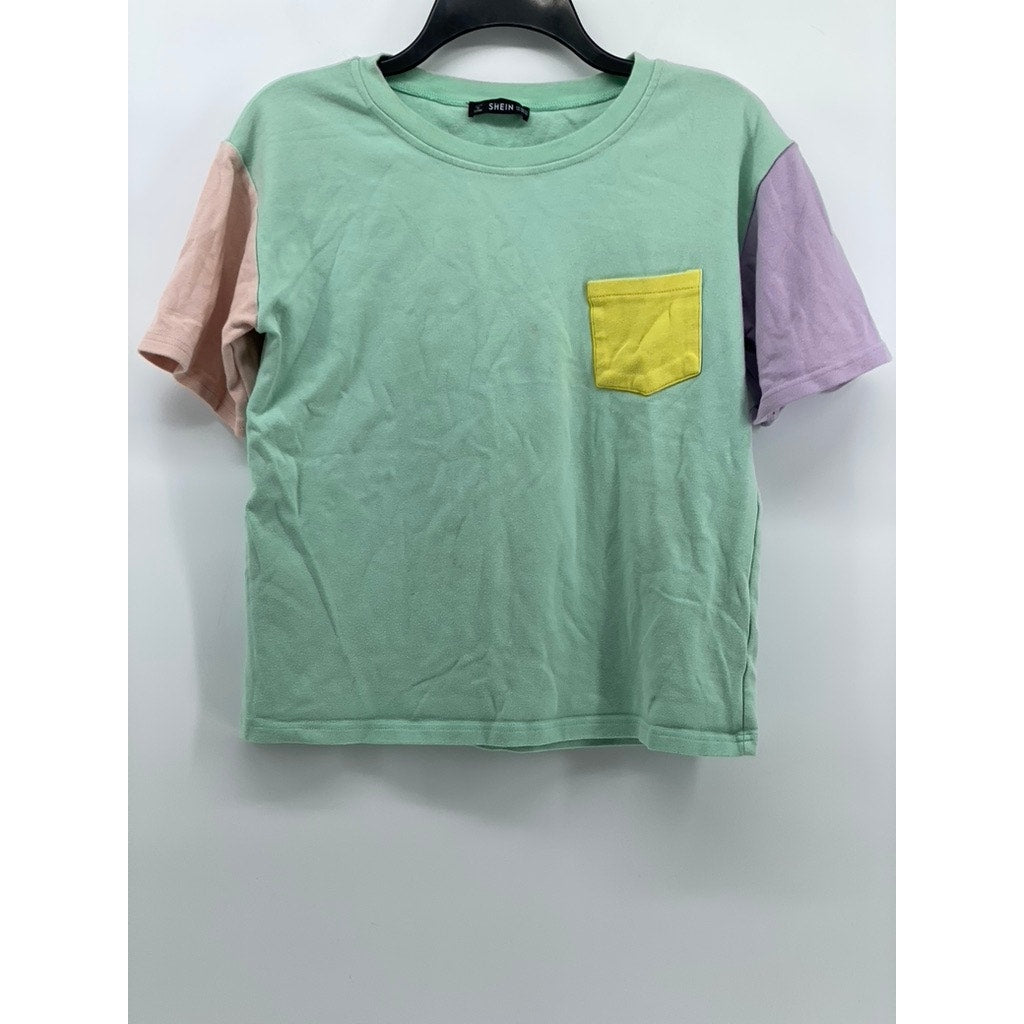 SHEIN Women's Multicolor Color-Block Pocket Crewneck Short Sleeve Top SZ OS