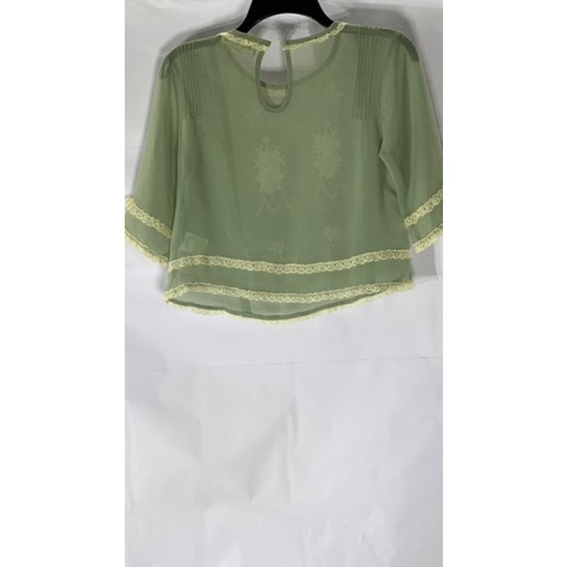 STARING AT STARS Women's Green Embroidered Lace-Trim Sheer Keyhole Top SZ XS