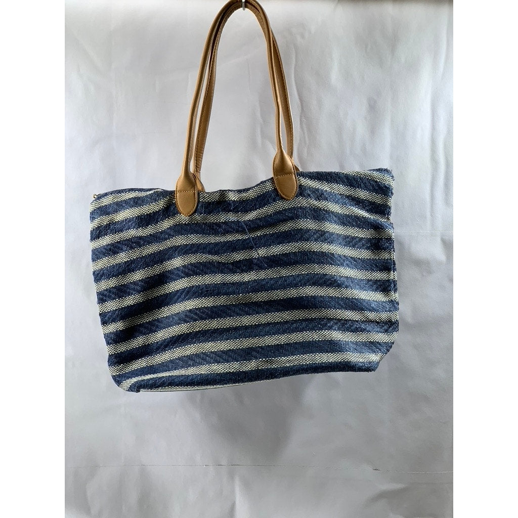 H&M Women's Blue-White Straw Woven Striped Shoulder Bag