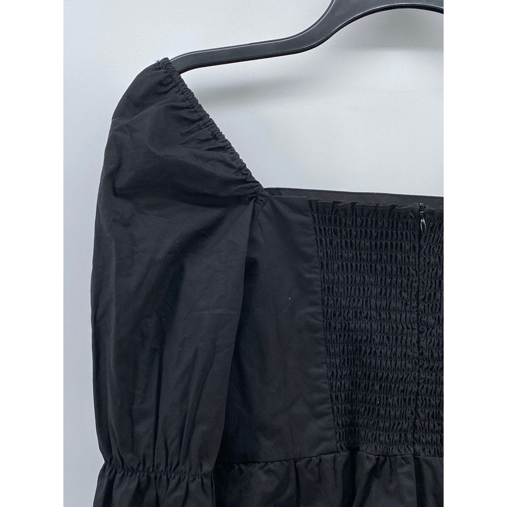 LINYI STUDIO Women's Black Solid Straight-Neck Puff-Sleeve A-Line Mini Dress SZL