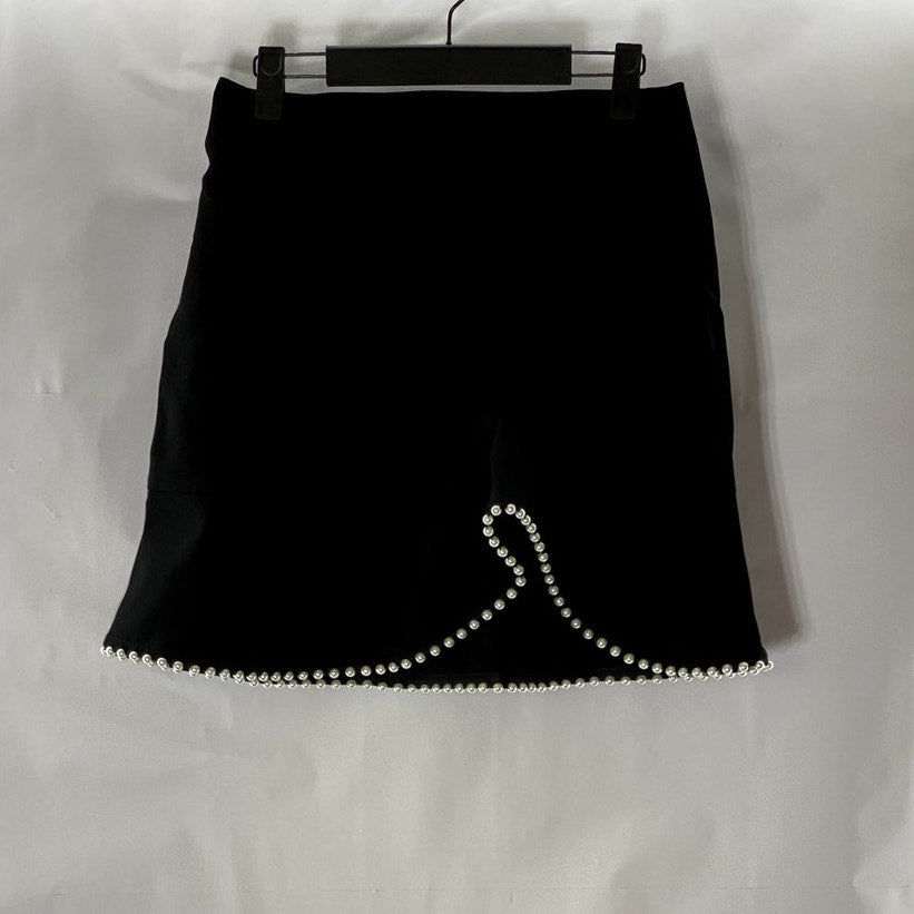 OCHIRLY Women's Black/Cream Embellished Pearl Trim Ruffle-Hem Mini Skirt SZ M