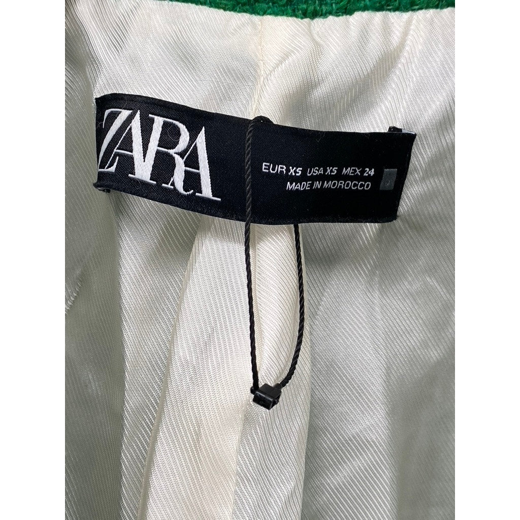 ZARA Women’s Dark Green Tweed Double-Breast Long Sleeve Peak Collar Blazer SZ XS