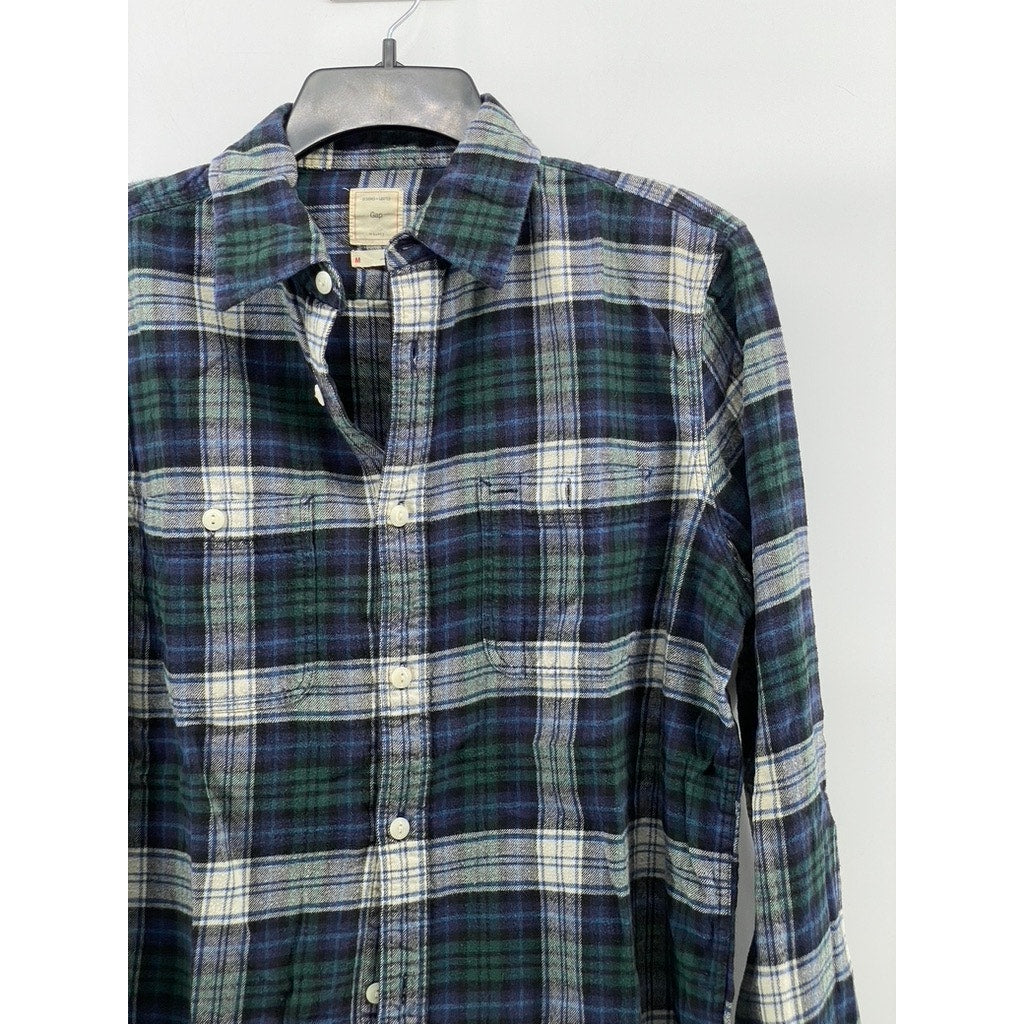GAP Men's Blue-Green Plaid Button-Up Regular-Fit Long Sleeve Flannel Shirt SZ M