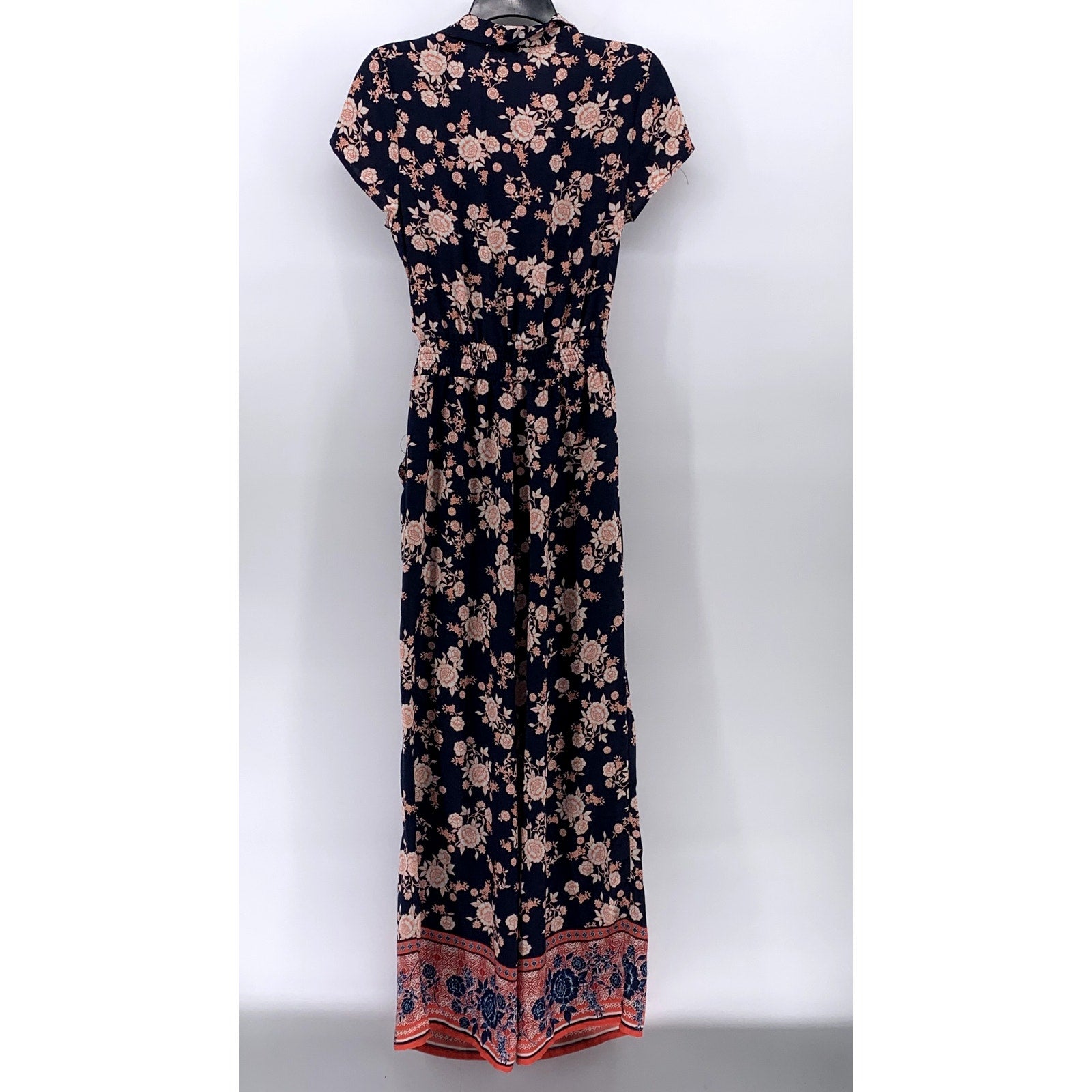 BEBOP Women's Navy-Pink Floral V-Neck Short Sleeve Cutout Maxi Summer Dress SZ M