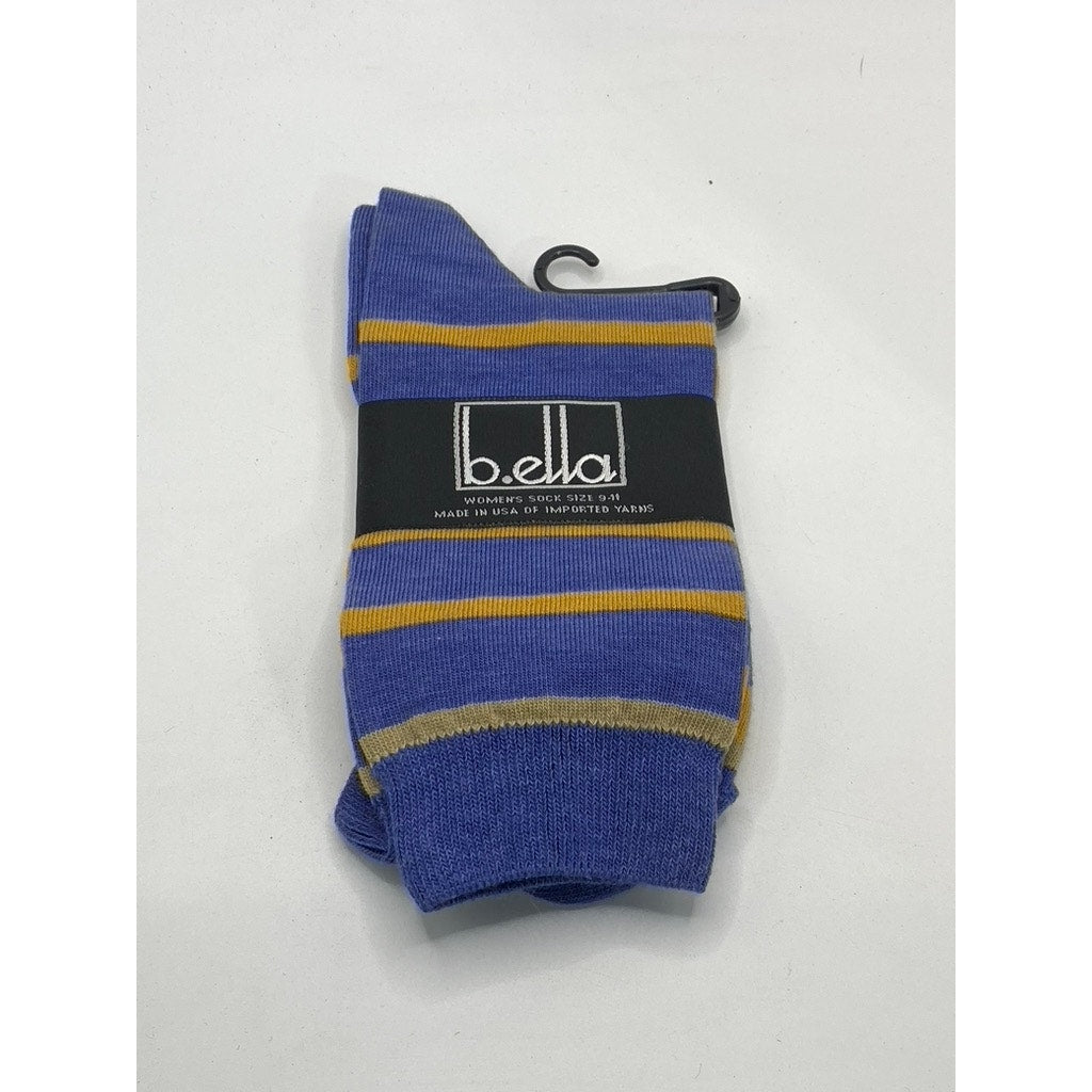 B.ELLA Women's Denim Blue-Gold Striped Knit Cotton-Blend Taryn Crew Socks SZ OS