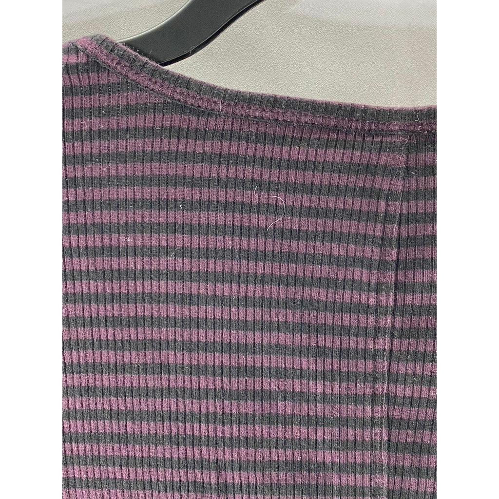 WE THE FREE Women’s Purple-Black Striped V-Neck Lace-Up 3/4 Sleeve Top SZ M