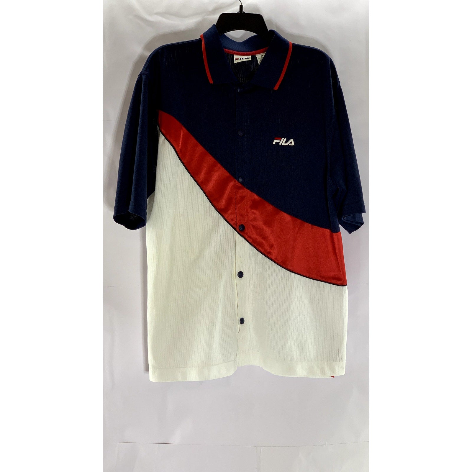 FILA Men’s Vintage Red-Navy-White Short Sleeve Button-Up Jersey Shirt SZ M