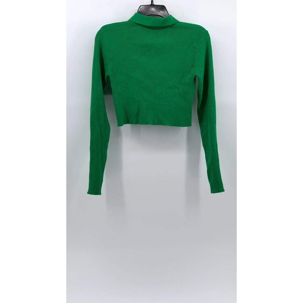 TWIN Women's Dark Green Ribbed Button-Up Long Sleeve Cropped Top SZ M