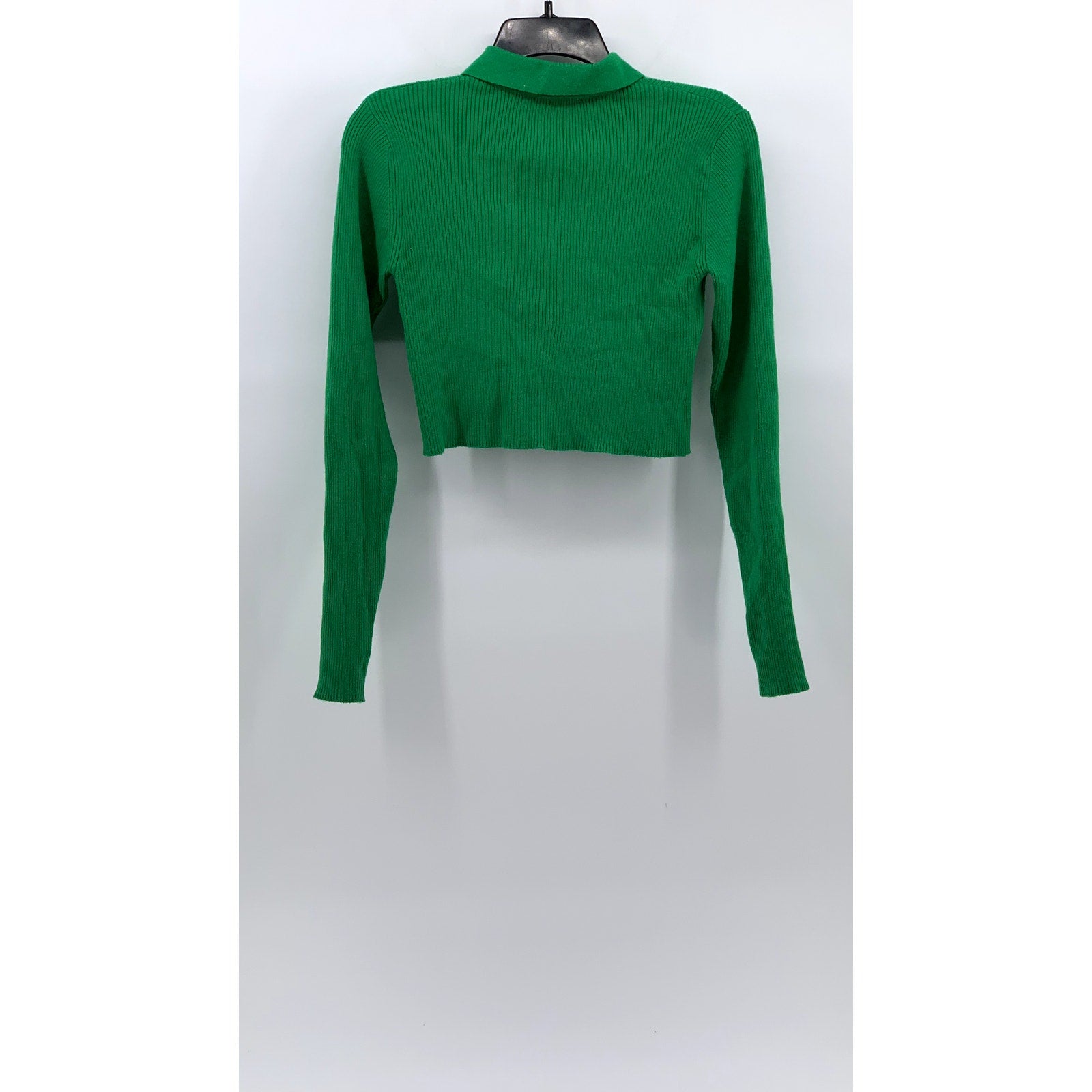 TWIN Women's Dark Green Ribbed Button-Up Long Sleeve Cropped Top SZ M