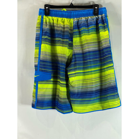 NIKE Men's Blue/Neon Green Mesh Lined Drawstring Pull-On Swim Trunks SZ M