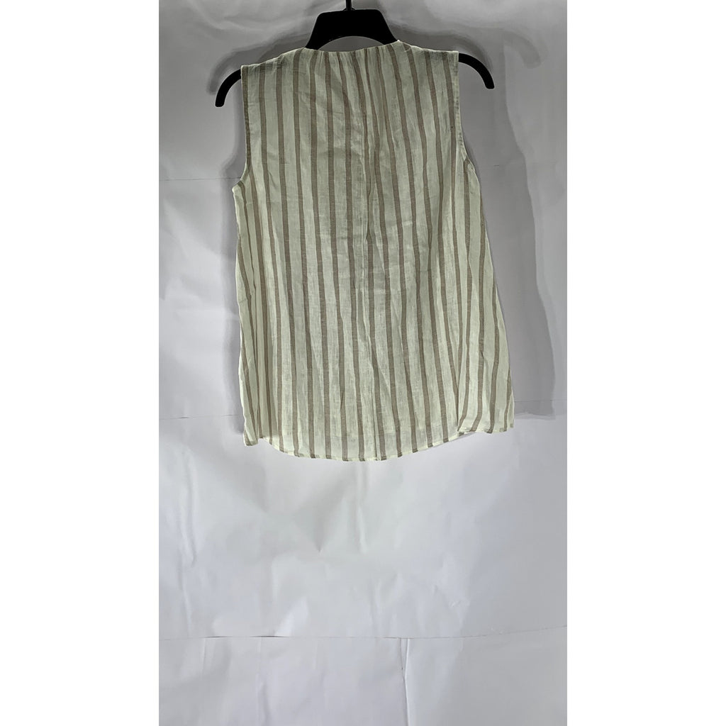 ZARA BASIC Women’s Beige Striped Tie-Neck Sleeveless Cotton-Linen Top SZ S