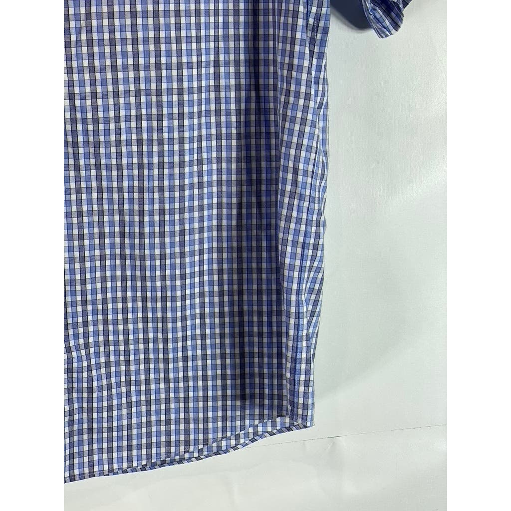 UNTUCKIT Men's Blue Micro Check Wrinkle-Free Short Sleeve Button-Up Shirt SZ L