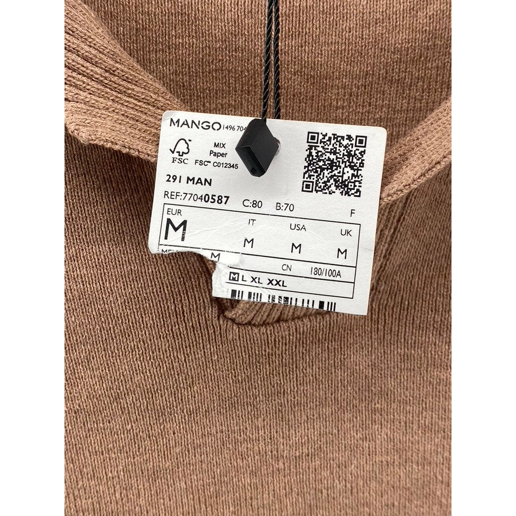 MNG Men's Tan Regular-Fit Rib-Knit Short Sleeve Polo Shirt SZ M