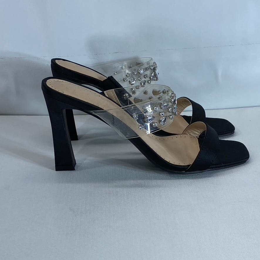 ADRIENNE VITTADINI Women's Black Rhinestone Gothic Block-Heel Sandals SZ 8.5