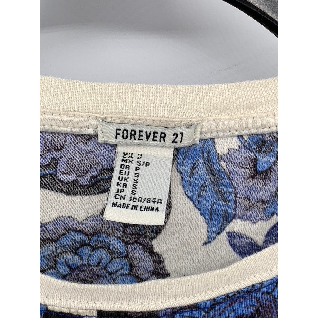 FORVER 21 Women’s Blue-Cream Floral Printed Crewneck Short Sleeve Crop Top SZ S