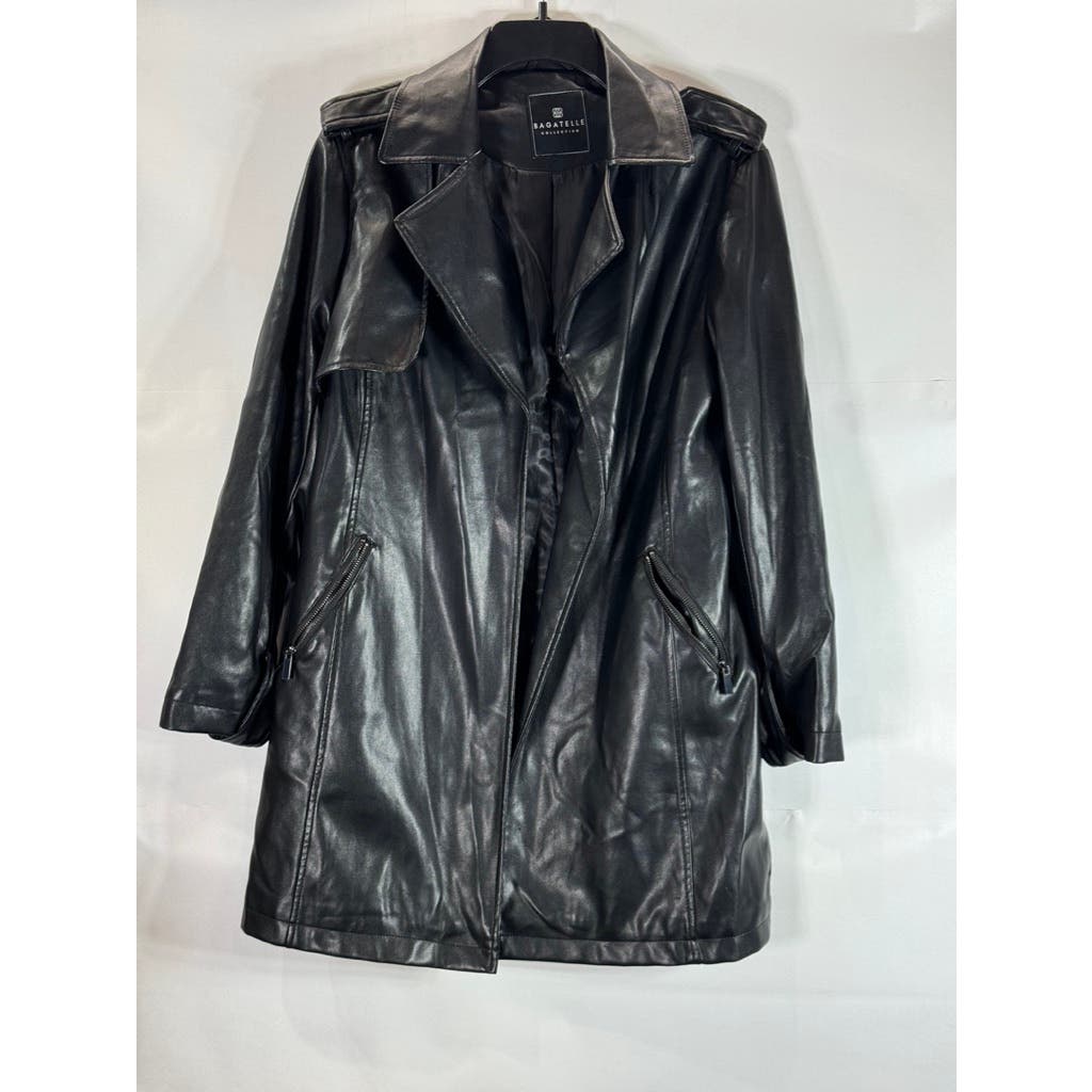 BAGATELLE Women's Black Faux Leather Grunge Chic Open Front Trench Coat SZ S