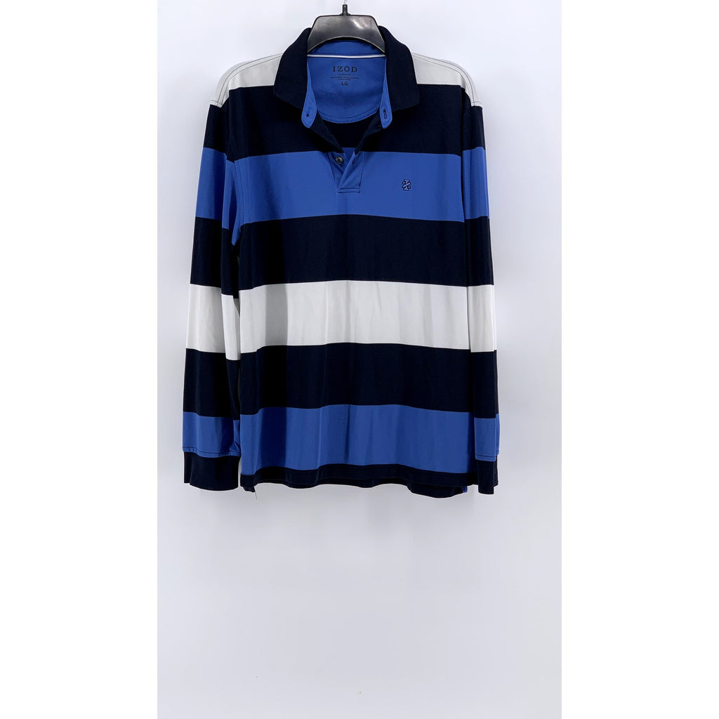 IZOD Men's Navy Blue Striped Textured Long Sleeve Polo Shirt SZ L