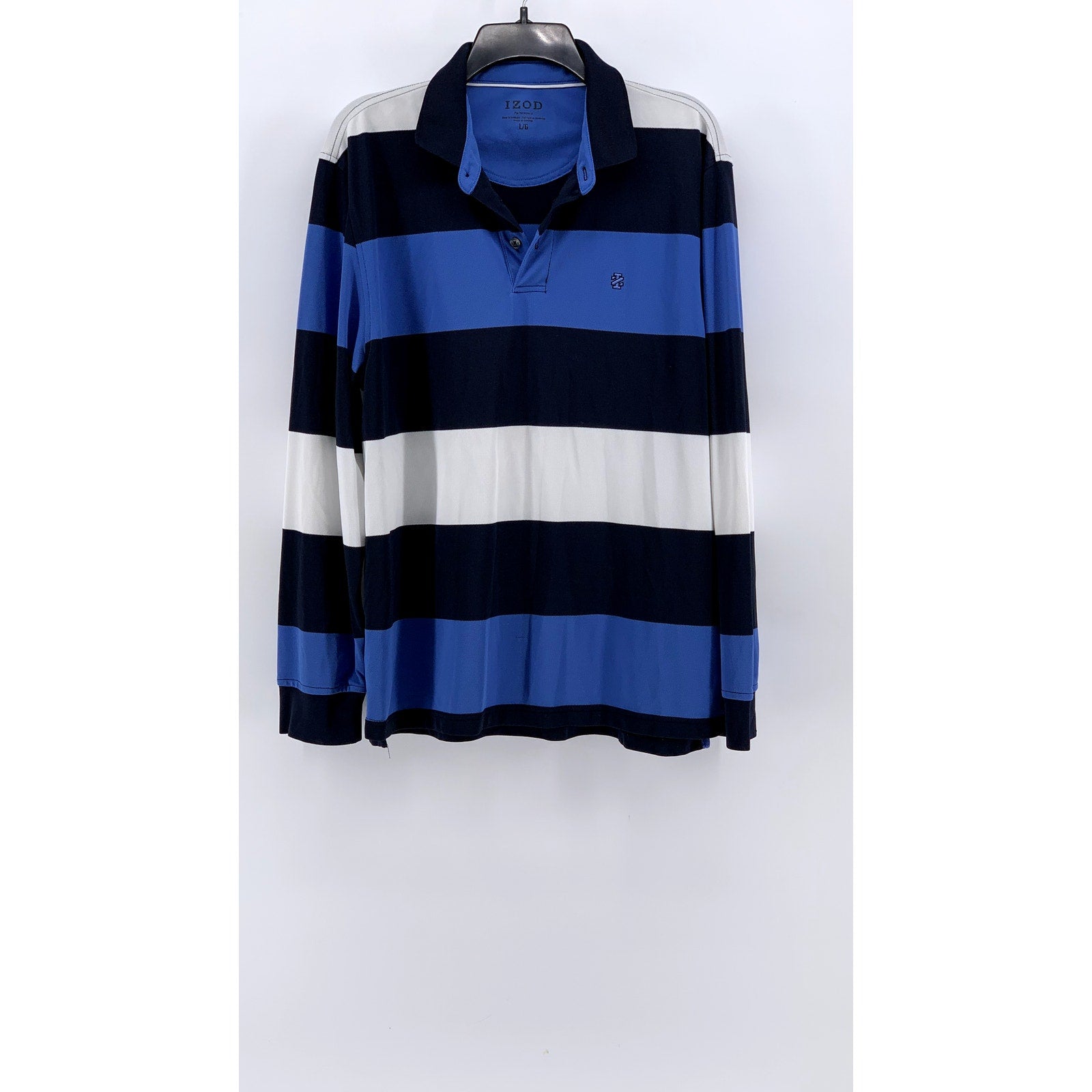 IZOD Men's Navy Blue Striped Textured Long Sleeve Polo Shirt SZ L