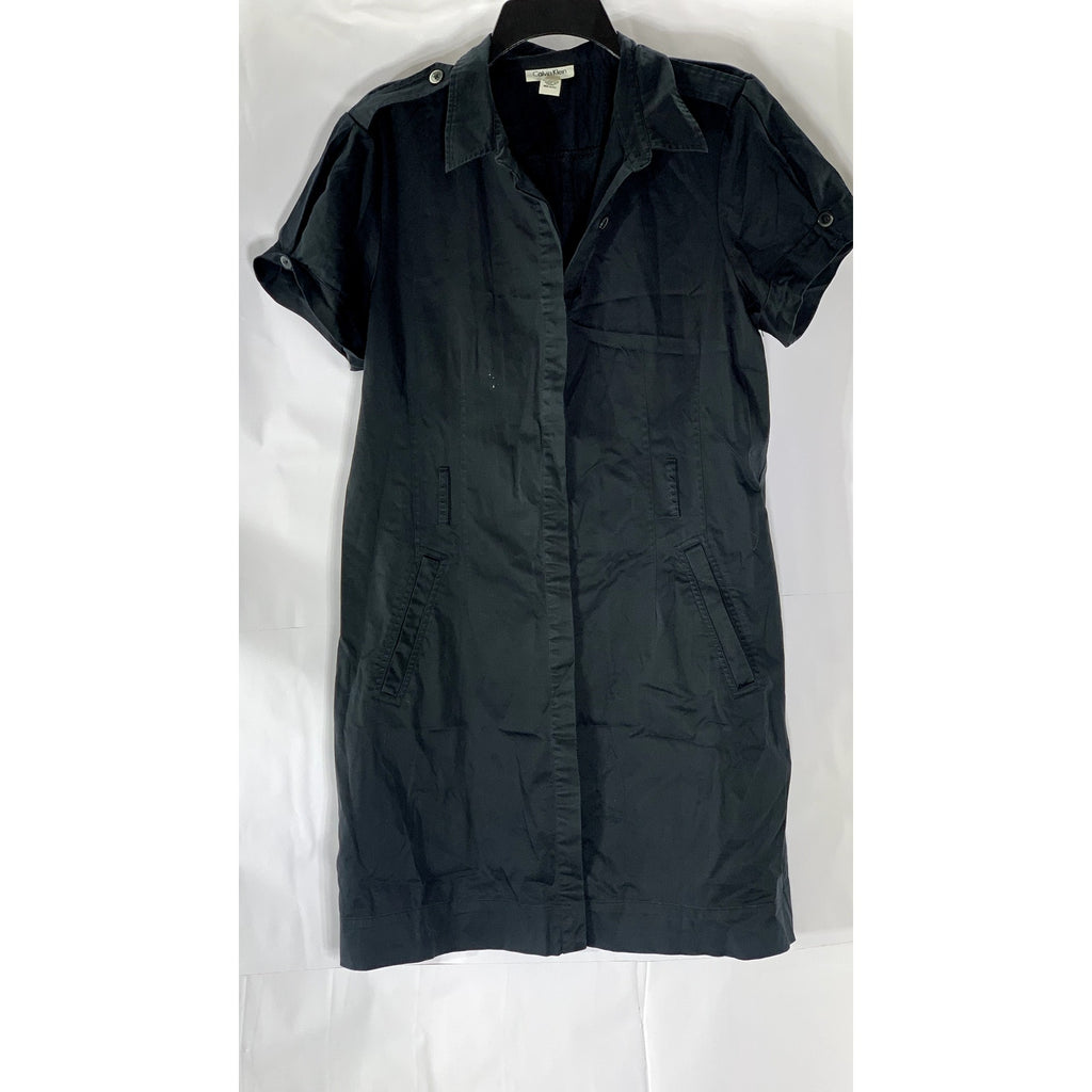 CALVIN KLEIN Women's Black Button-Up Short Sleeve Knee-Length Dress SZ 14